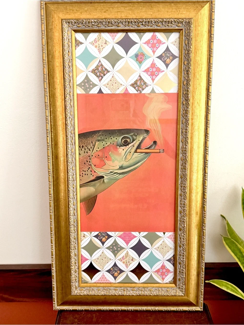 Trout Fish Smoking a Cigarette Vintage Style Canvas Wall Art Print Gold Framed